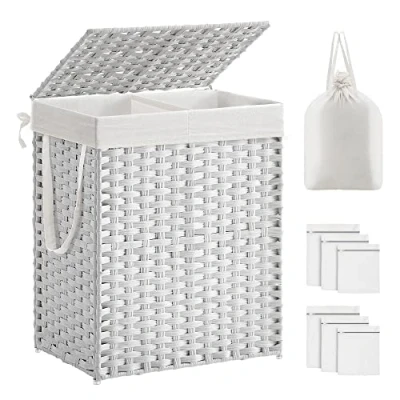 Image of SONGMICS Laundry Basket with Lid, 90L Washing 2 Compartments, Removable Liners Handles, Handwoven Synthetic Rattan, for Bedroom, Bathroom, Room, 33 x 46 60 cm, White LCB251W01V1