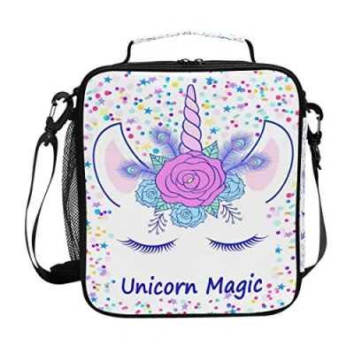 Image of Girls Unicorn Lunch Bags Pink Cream Magic Star Large Insulated Box Tote Bag Cold Thermal Freezable Shoulder Strap for Kids Teen School Work