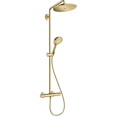 Image of hansgrohe Croma Select S Showerpipe 280 Water Saving Shower System (Shower Head, Rail, Thermostat, Hose, 3 Jet Types) Polished Gold Look