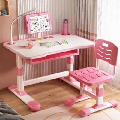 Image of joukares Kids Functional Desk and Chair Set, Ergonomic Height Adjustable Children School Study with Tilt Desktop, Student Writing Table Storage Drawer for Boys Girls Pink