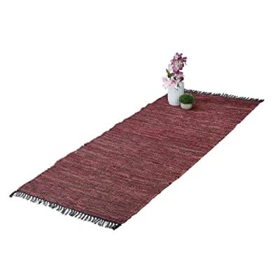Image of Relaxdays Boho Runner Rug, Cotton and Leather, Non Slip, Hand Woven, with Tassels, Hallway, Kitchen, 80 x 200 cm, Red, Real