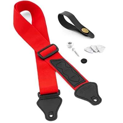 Image of TIGER UAC4 RD Pack Ukulele Strap includes Strap, Headstock Neck Tie, Button/End Pin and 3 Felt Picks Suitable for Soprano, Concert, Tenor Baritone Ukes Red