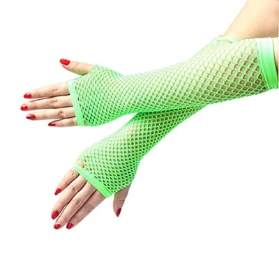 Image of Long Fishnet Gloves, Green Fingerless Arm Warmers Mesh Fancy Dress Punk Accessory for Women Girls Kids 80s Costume Evening Party Supplies Tutu Rave Hen Night