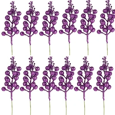 Image of JFBUCF 12 Pcs Christmas Glitter Berries Stems, 7.8inch Artificial Purple Berry Picks, Fake Holly Stems for Tree Ornaments Wreath Crafts Home Decor