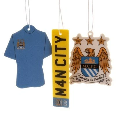 Image of Manchester City F.C. 3pk Air Freshener 3 different designs approx 7cm x on a header card individually wrapped official licensed product