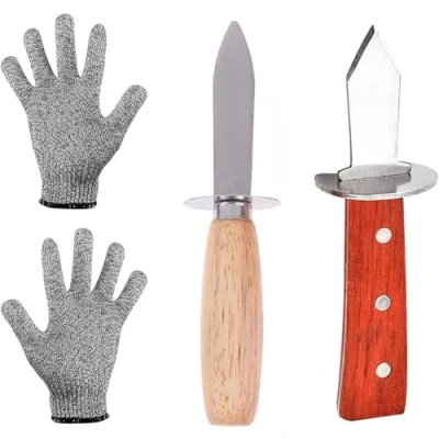 Image of Oyster Shucker Set, 2 Pieces Knife and 1 Pair Shucking with Cut Resistant Gloves Opener Kit Wood Handle Stainless Steel for Clam Shellfish Seafood