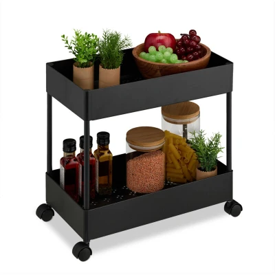 Image of Serving Cart, Rolling, 2 Tiers, Kitchen Trolley, Bathroom &amp; Office, hwd: 38 x 39.5 21.5 cm, Craft, Black Relaxdays