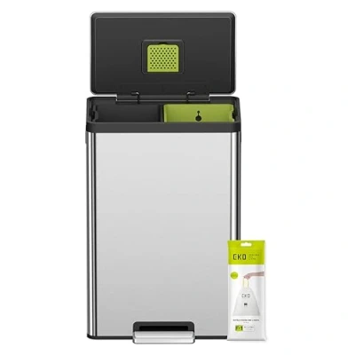Image of EKO Ecocasa II Recycling Kitchen Bin Pedal Rubbish with Two Removable Inner Buckets Perfect for Eco conscious Homes, Stainless Steel 20+20 Litre