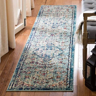 Image of SAFAVIEH Modern Chic Rug for Living Room, Dining Bedroom Madison Collection, Short Pile, in Navy and Light Blue, 61 X 244 cm
