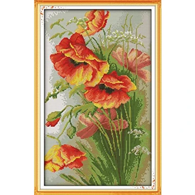 Image of Benway Counted Cross Stitch Kit Red Beautiful Poppy Flowers 14 Count 35x52cm