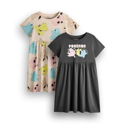 Image of Pokemon Girls Dress Pack of 2 Dark Grey &amp; Tan Short Sleeve Summer Dresses Graphic Daywear Pikachu Squirtle Jigglypuff Multi Clothing Set Game TV Series Movie Merchandise Gift Bundle