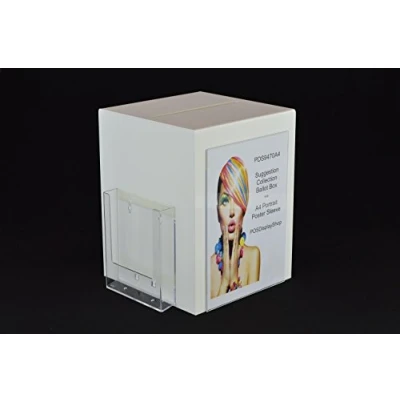 Image of Pos Display Shop White Acrylic Collection Box / Comments Ballot Suggestion Feedback with A5 Portrait Leaflet Holder + A4 Poster PDS9470A4
