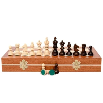 Image of Master of Chess Tournament Wooden Set with Pieces “OLYMPIC NO.3 35 cm / 13 in Handcrafted Inlaid Small Portable Board Game for Adults and Kids