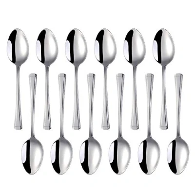 Image of Meisha Dessert Spoons Set of 12, Silver Harley Pattern Stainless Steel Small Spoons, Mirror Finish &amp; Smooth Edge Everyday Parish Cutlery