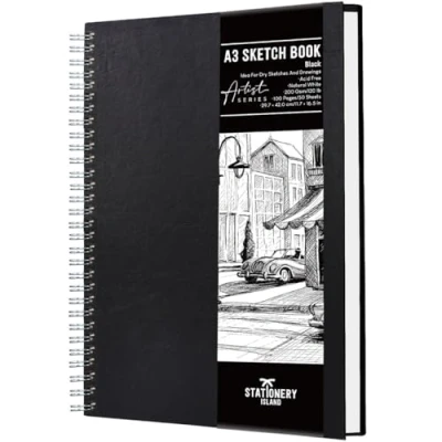 Image of STATIONERY ISLAND A3 Sketch Pad, Hardcover Book with 200GSM Thick Paper, Spiral Bound Drawing Pad A3, Sketchbook for Sketching, Portrait, 50 Sheets / 100 Pages