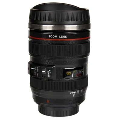 Image of Out of the Blue&quot; Camera Lens Mug with Stainless Steel Insert, Black, 9 x 15 cm