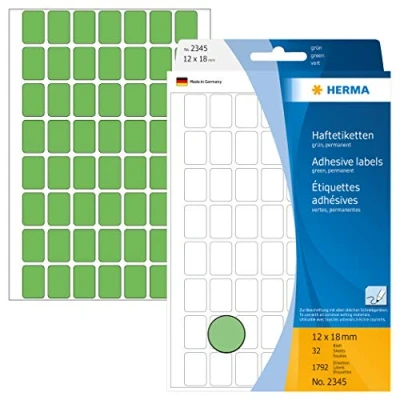 Image of HERMA Multi Purpose Labels, 56 Labels per Sheet, 32 Sheets, 12 x 18 mm, 1792 Self Adhesive Mini Stickers, Blank Sticky for Office Kitchen Home, Green
