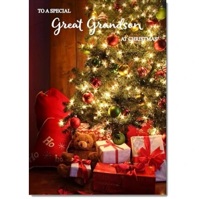 Image of doodlecards Great Grandson Christmas Card Teddy by Tree Medium Size for with Plain Envelope