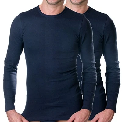 Image of HERMKO 3640 2 Men&#039;s Underwear Long Sleeve Vests Made of 100% Organic Cotton, Size:X Large, Colour:Navy