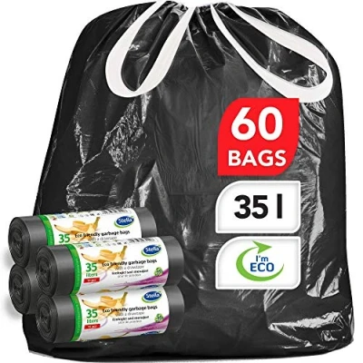 Image of Stella Garbage Bag Bin Bags Liners 60 pcs Eco Friendly and Recyclable Made from Waste Plastic Ultra Strong &amp; Flexible Trash Black Colour 35 L Drawstring Type