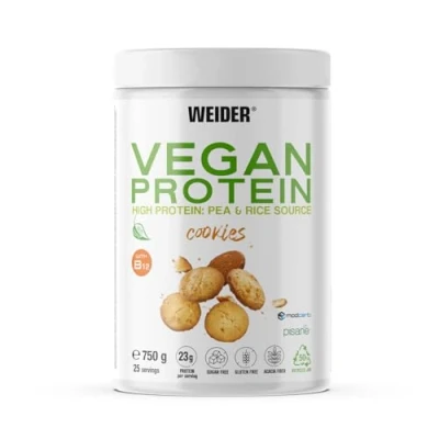 Image of Weider Vegan Protein (750g) Cookie Flavour. 23g Protein/dose, Pea Isolate (Pisane) &amp; Rice Protein. with Vitamin B12 Stevia. Gluten Free, Sugar Free. Packaging 50% Recycled, 100% Recyclable