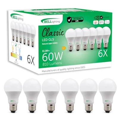 Image of Bell Lighting E27 Edison Screw Cap Light Bulb LED GLS 6 Pack Cool White 4000K 810 Lumen 8.1 Watts Energy Saving 60W Halogen Equivalent Non Dimmable