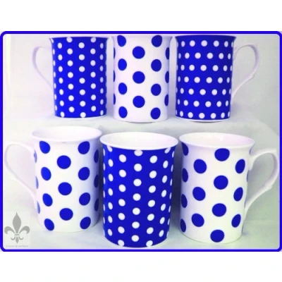 Image of fromeuropewithlove Blue Dots &amp; Spots Mugs Set of Six Fine Bone China Hand Decorated in the UK Free Delivery