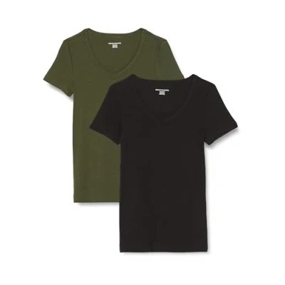 Image of Amazon Essentials Women&#039;s Slim Fit Short Sleeve V Neck T Shirt, Pack of 2, Dark Olive/Black, XL