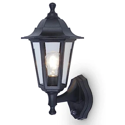Image of Black &amp; Clear Glass Panel Outdoor Vintage Up Coach Lantern Wall Light with PIR IP44 Rated 38cm Height 1 x ES E27 Lamp Required Garden Patio Driveway Polycarbonate Coastal