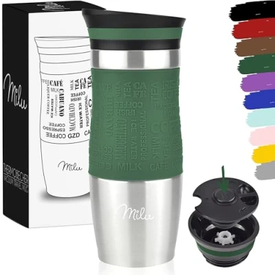 Image of Milu Thermo Mug 370ml 450ml Insulated Coffee to go 100% Leak Proof Stainless Steel Drinking Car Double Wall Insulation Travel (Olive Green, 370ml)