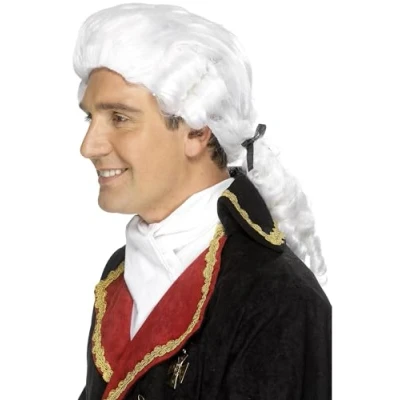 Image of Smiffys Court Wig, White with Black Ribbon and Ringlets, Historical Fancy Dress, Adult Dress Up Wigs