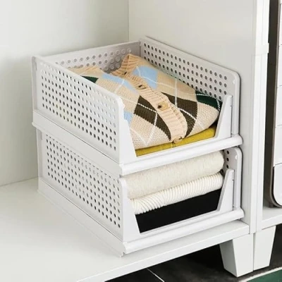 Image of Eden &amp; Willow Wardrobe Storage Organiser, Plastic Box Shelves Stackable Organiser Drawer Baskets for Closet (Pack of 2, Large)