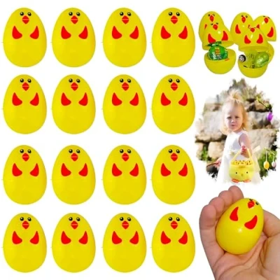 Image of 16x Yellow Easter Chick Fillable Plastic Surprise Eggs Perfect for Filling with Sweets, Chocolate and Gifts Hunt Vibrant Decorative Fillers, Size 6cm