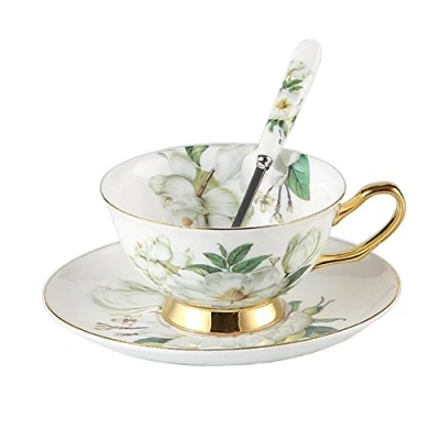 Image of YBK Tech Euro Style Cup&amp; Saucer Set Art Bone China Ceramic Tea Coffee Cup for Home Kitchen Wedding (Camellia)