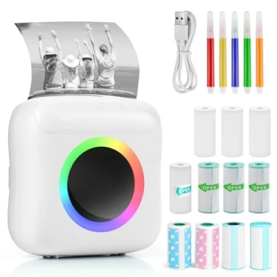 Image of GuKKK Mini Printer, Mobile Photo Portable, Wireless Thermal with 11 Rolls of Printer Paper and 5 Colouring Pencils, Smartphone Bluetooth for List, Journal