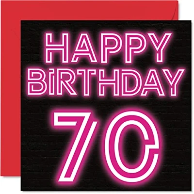 Image of Fun 70th Birthday Cards for Men Woman Neon Glow Happy Card Dad Mum Great Grandad Grandpa Nanny Grandma Gran Uncle Auntie, 145mm x Greeting Cards,