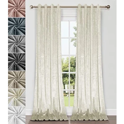 Image of Home Direct Pair of Crushed Velvet Curtains, Eyelet Ring Top, Unlined, Cream, 2 panels, 140cm x 240cm 55&quot; 94&quot;