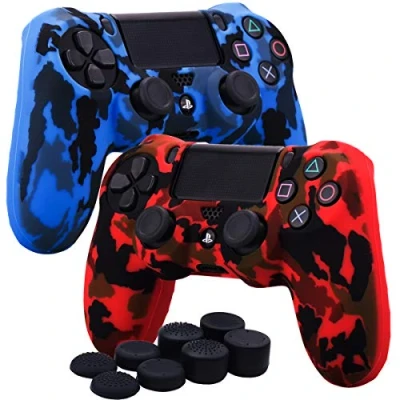 Image of YoRHa Water Transfer Printing Camouflage Silicone Cover Skin Case for Sony PS4/slim/Pro Dualshock 4 Controller x 2(red+blue) With Pro thumb grips 8