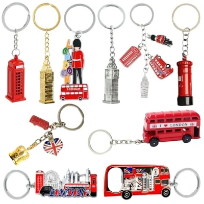 Image of 10 London Keyrings Great Britain Icons Union Jack Brelock UK Souvenir Metal KeyRing England Famous Landmark keychain