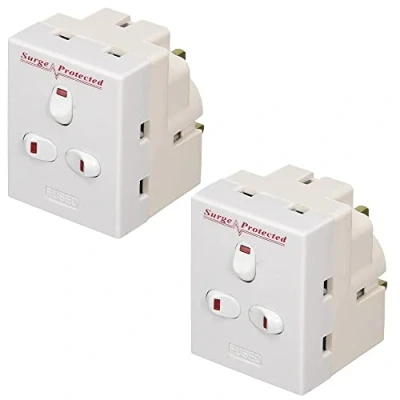 Image of 3 Way Extension Plug Surge Protection UK Wall Mains Power Adapter 13 AMP 250V Multi Gang Individually Switched Neon Block Socket Splitter White Pack of 2, Sold By Karrma ltd
