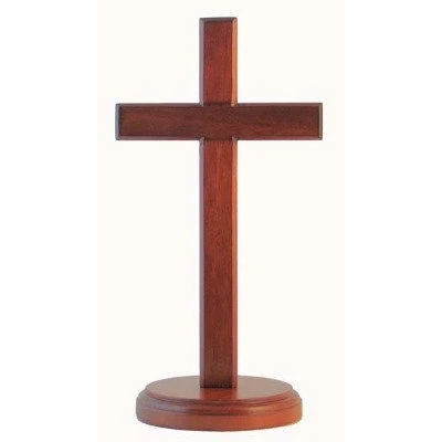 Image of Shalom Christian brown wood wooden Cross 20cm standing round base desk gift