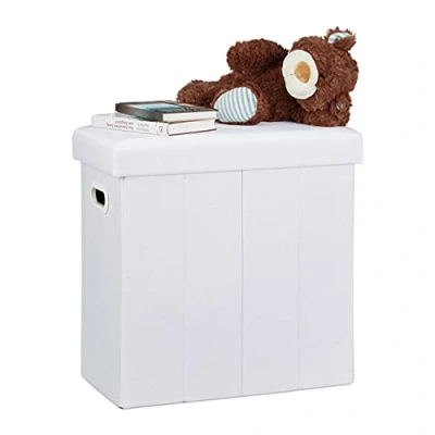Image of Relaxdays Folding Ottoman, HxWxD: 49.5 x 46 25.5 cm, with Storage, Foldable Footstool, Linen, Polyester, MDF, White