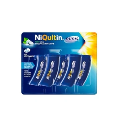 Image of NiQuitin Minis Mint 2 mg Lozenges Effective Smoking Craving Relief Practical Pocket Sized Container 100 Mini Relieve Sudden Cravings Reduce and Quit Aid