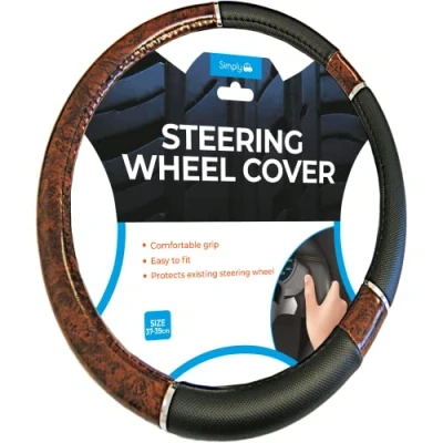 Image of Simply SWC107 Luxury Steering Wheel Cover Black with Wood Detail for Car Interior, Medium Size 37 39cm Diameter, Universal Easy to Fit, Comfortable Grip