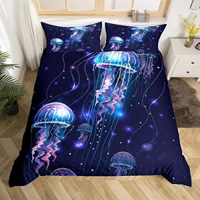 Image of Jellyfish Comforter Cover,Trippy Duvet Cover for Kids Boys Girls,Purple Galaxy Starry Sky Bedding Set King,Coastal Animal Quilt with 2 Pillow Shams Zipper&amp;Ties Soft