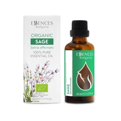 Image of Essences Bulgaria Organic Sage Essential Oil 50ml Salvia officinalis 100% Pure and Natural Undiluted Therapeutic Grade Family Owned Farm Steam Distilled Non GMO Vegan