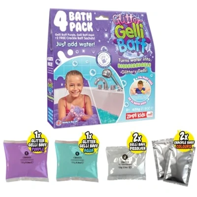 Image of Zimpli Kids Glitter Gelli Baff Purple &amp; Aqua, 4 Bath Value Pack, Magically turns water into thick, colourful goo, 2 x Free Crackle Baff, Toddlers Sensory Toys for Tuff Tray, Arts Crafts