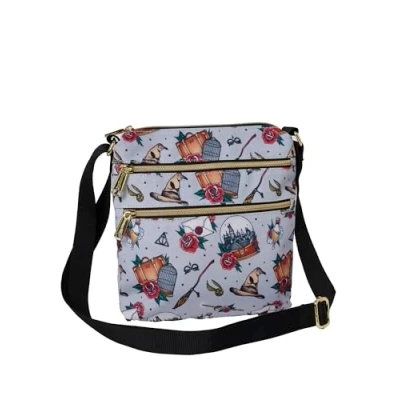 Image of Loungefly Harry Potter Passport Crossbody Travel Bag AOP Relics Tattoo Print (Grey), Grey