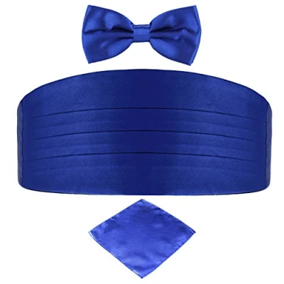 Image of DonDon Men&#039;s triple pack with colour coordinated cummerbund bow tie breast pocket handkerchief perfect for special occassions Blue
