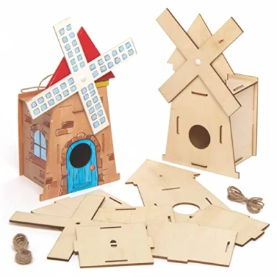 Image of Baker Ross AT864 Windmill Wooden Birdhouse Kits Pack of 2, For Kids Arts and Crafts Projects